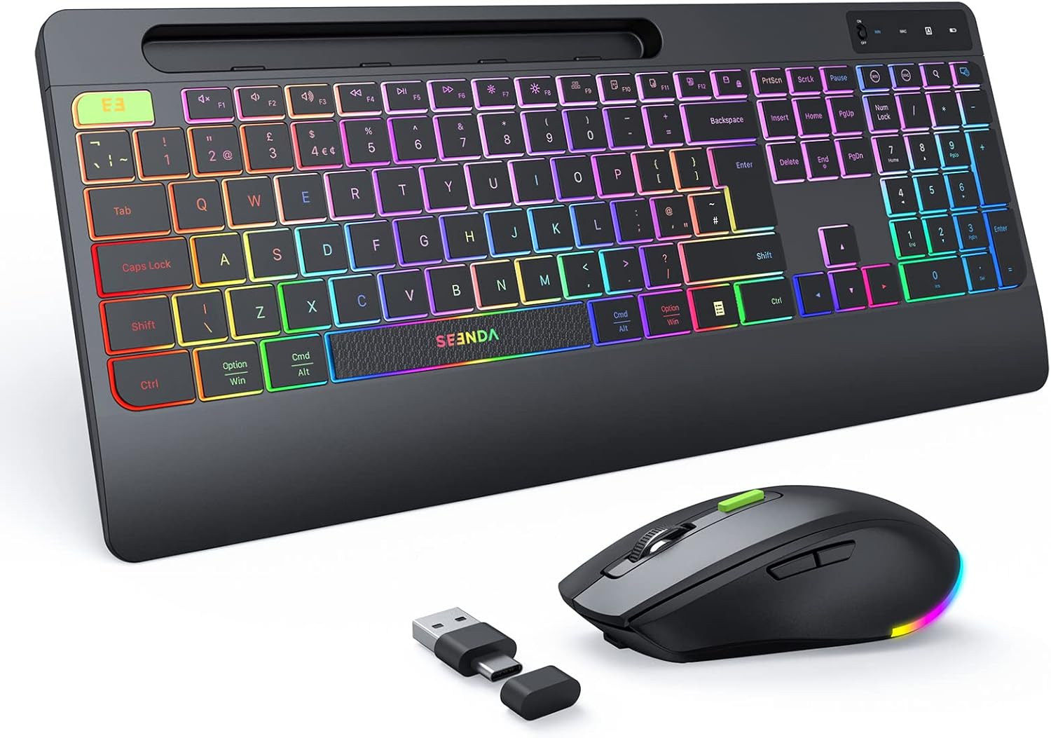 seenda 2.4G Wireless Keyboard and Mouse Combo with Rainbow Backlit, Rechargeable Keyboard and Mice Set UK Layout Full Size with 2 in 1 USB C & USB A Dongle and Wirst Rest, Black-0