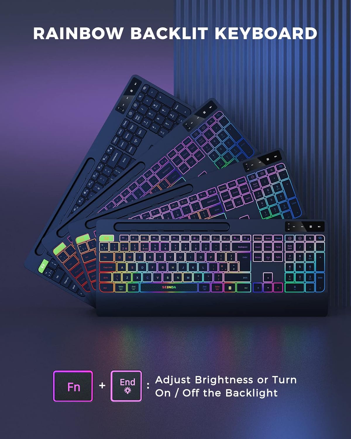 seenda 2.4G Wireless Keyboard and Mouse Combo with Rainbow Backlit, Rechargeable Keyboard and Mice Set UK Layout Full Size with 2 in 1 USB C & USB A Dongle and Wirst Rest, Black-3