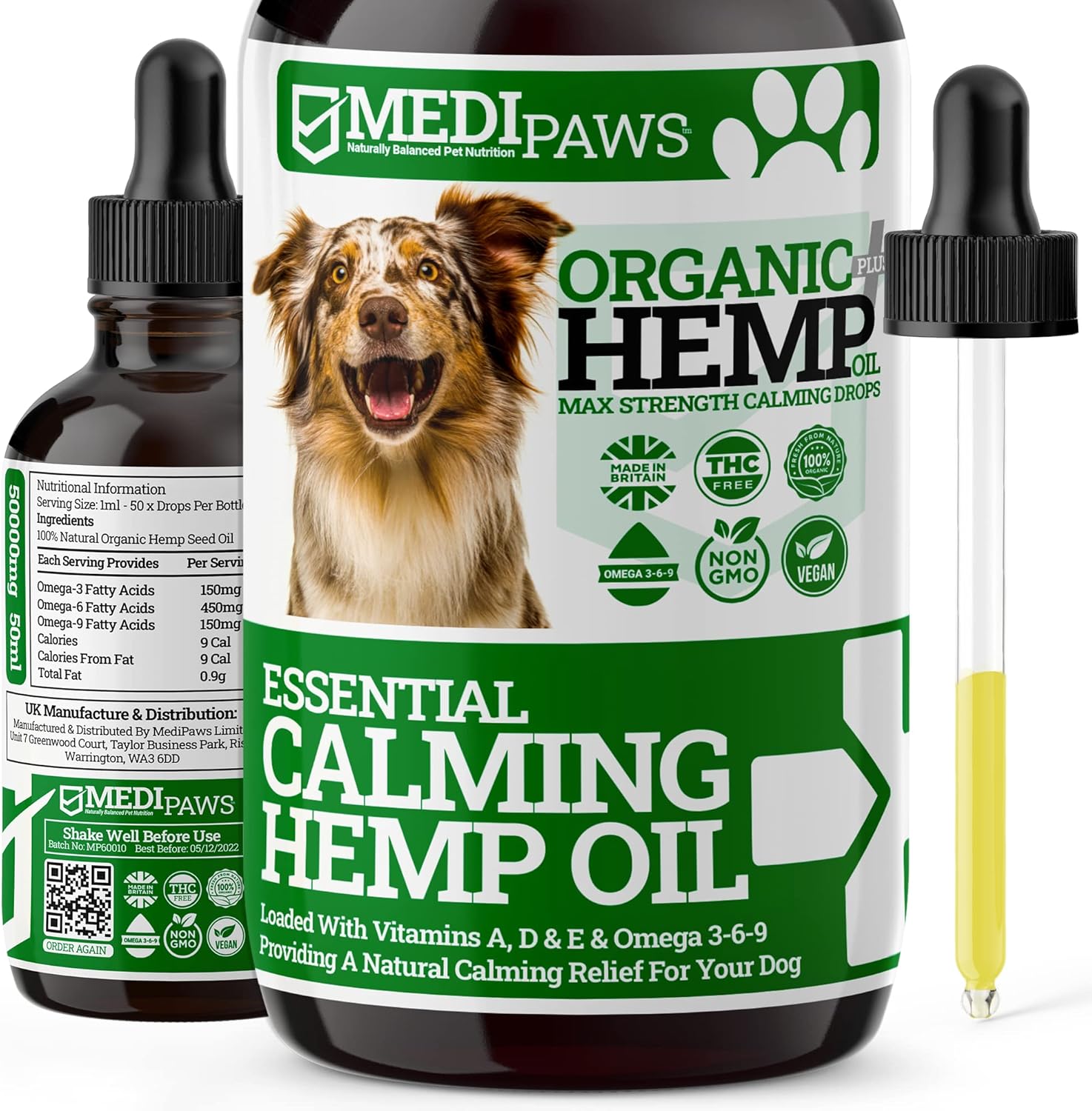 MediPaws® Dog Calming Hemp Oil Supplement | For Dog Emotions, Dog Barking | Omega 3,6,9 | Supports & Maintains Healthy Joints | Add To Food Or Chew's | 50ml-0