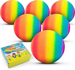 Homotte 6 Pcs Rainbow Playground Balls for Kids, 5 Inch Small Kickball Dodgeballs, Mini Toy Bouncing Ball Handball Set for Indoor & Outdoor Activities with Hand Pump