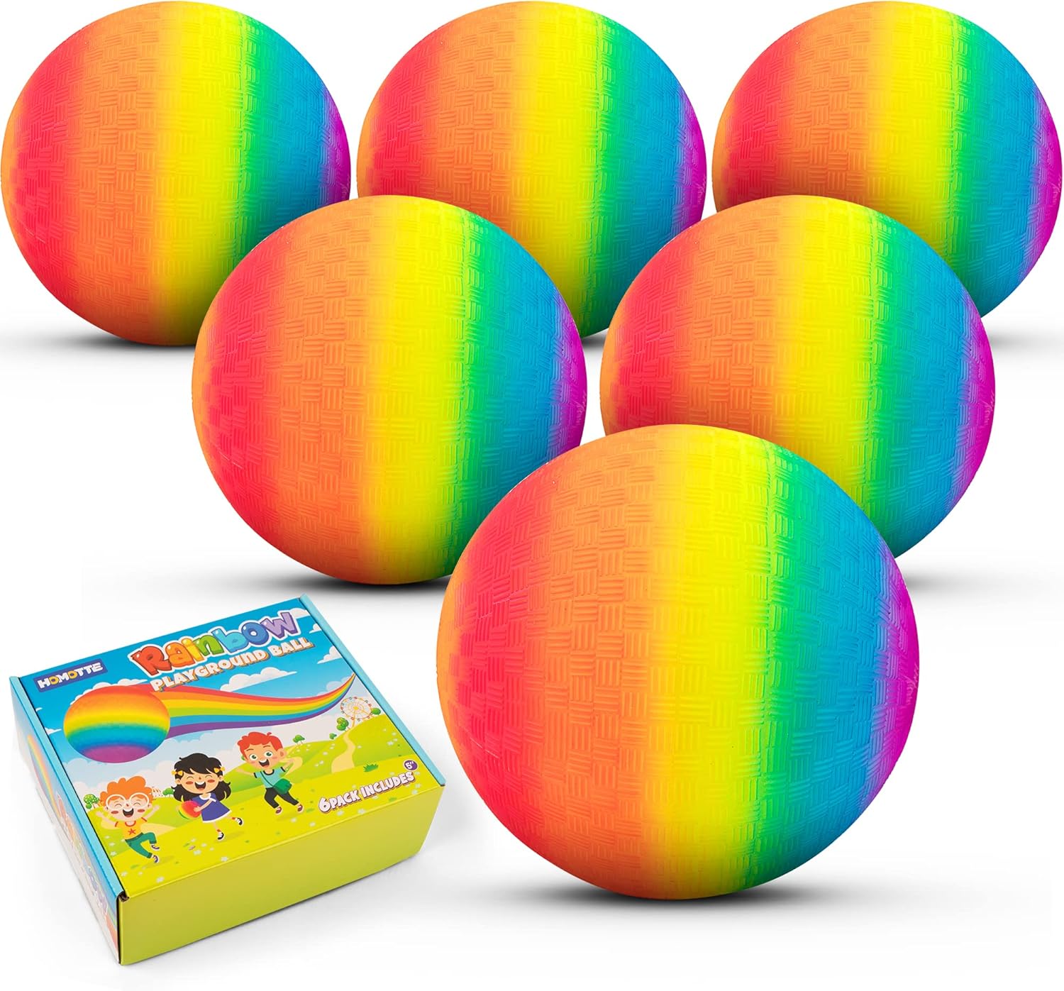 Homotte 6 Pcs Rainbow Playground Balls for Kids, 5 Inch Small Kickball Dodgeballs, Mini Toy Bouncing Ball Handball Set for Indoor & Outdoor Activities with Hand Pump-0