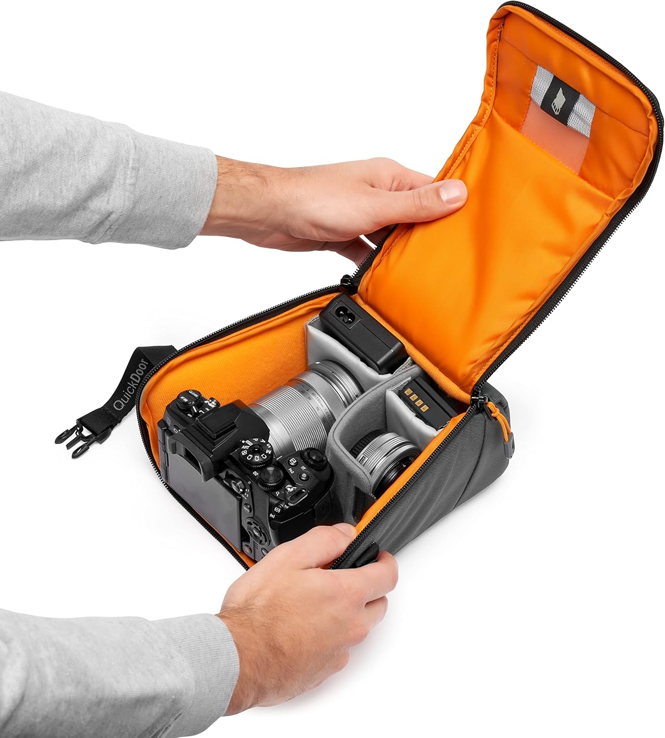 Lowepro QuickDoor Camera Bag Organiser, Adjustable Dividers, Mirrorless Camera Pouch, Grey/Orange-1