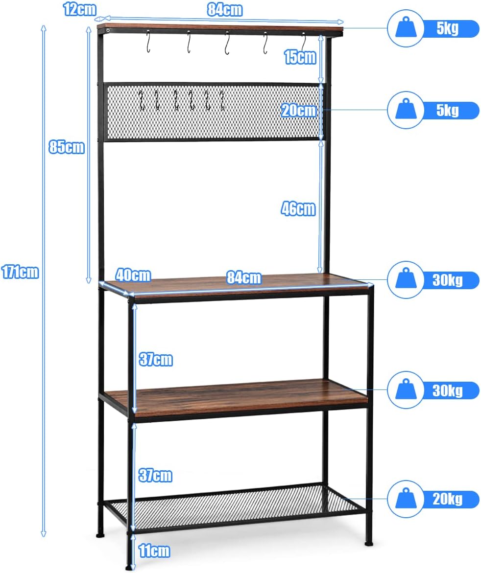 GiantexUK 4-Tier Kitchen Baker's Rack, Utility Storage Shelf with 11 Hooks, Freestanding Microwave Oven Stand Industrial Organizer for Kitchen, Dining Room & Living Room-2