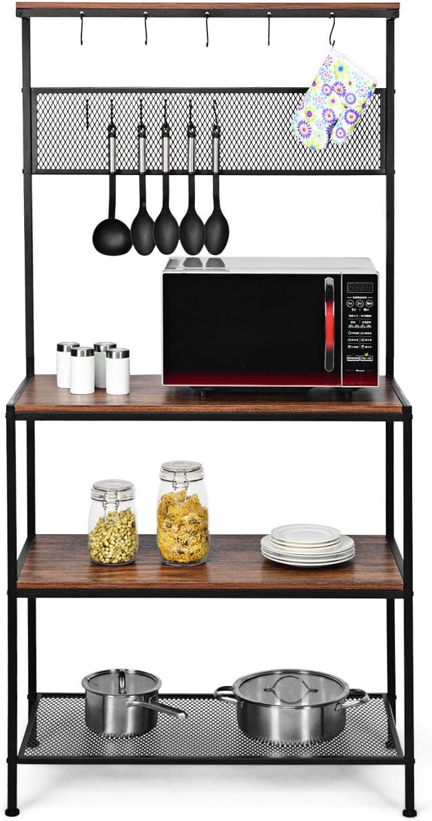 GiantexUK 4-Tier Kitchen Baker's Rack, Utility Storage Shelf with 11 Hooks, Freestanding Microwave Oven Stand Industrial Organizer for Kitchen, Dining Room & Living Room-3