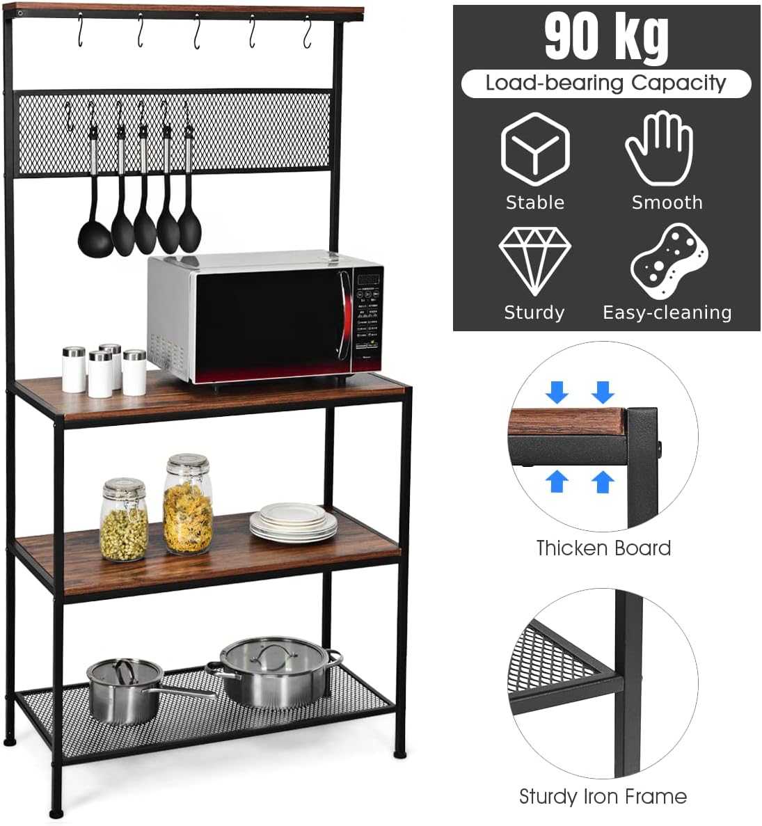 GiantexUK 4-Tier Kitchen Baker's Rack, Utility Storage Shelf with 11 Hooks, Freestanding Microwave Oven Stand Industrial Organizer for Kitchen, Dining Room & Living Room-4