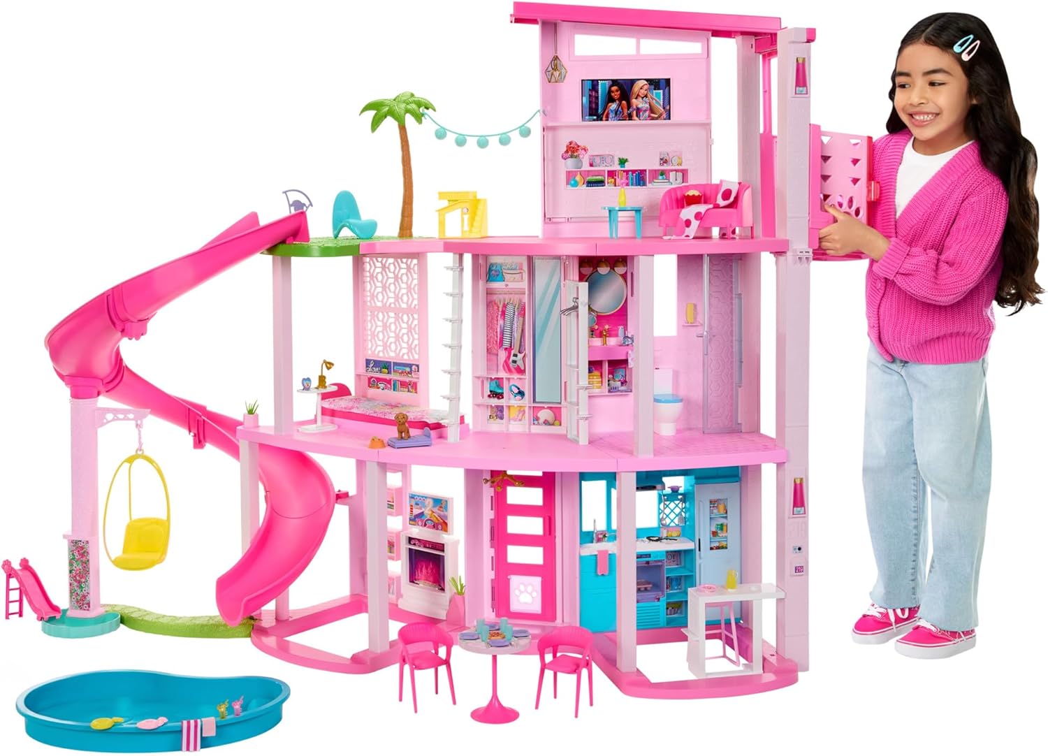 Barbie Dreamhouse, 3-Storey Barbie House with 10 Play Areas Including Pool, Slide, Elevator, 75 Doll Accessories, Toy Puppy, Adult Assembly Required, Toys for Ages 3 and Up, One Toy House, HMX10-0