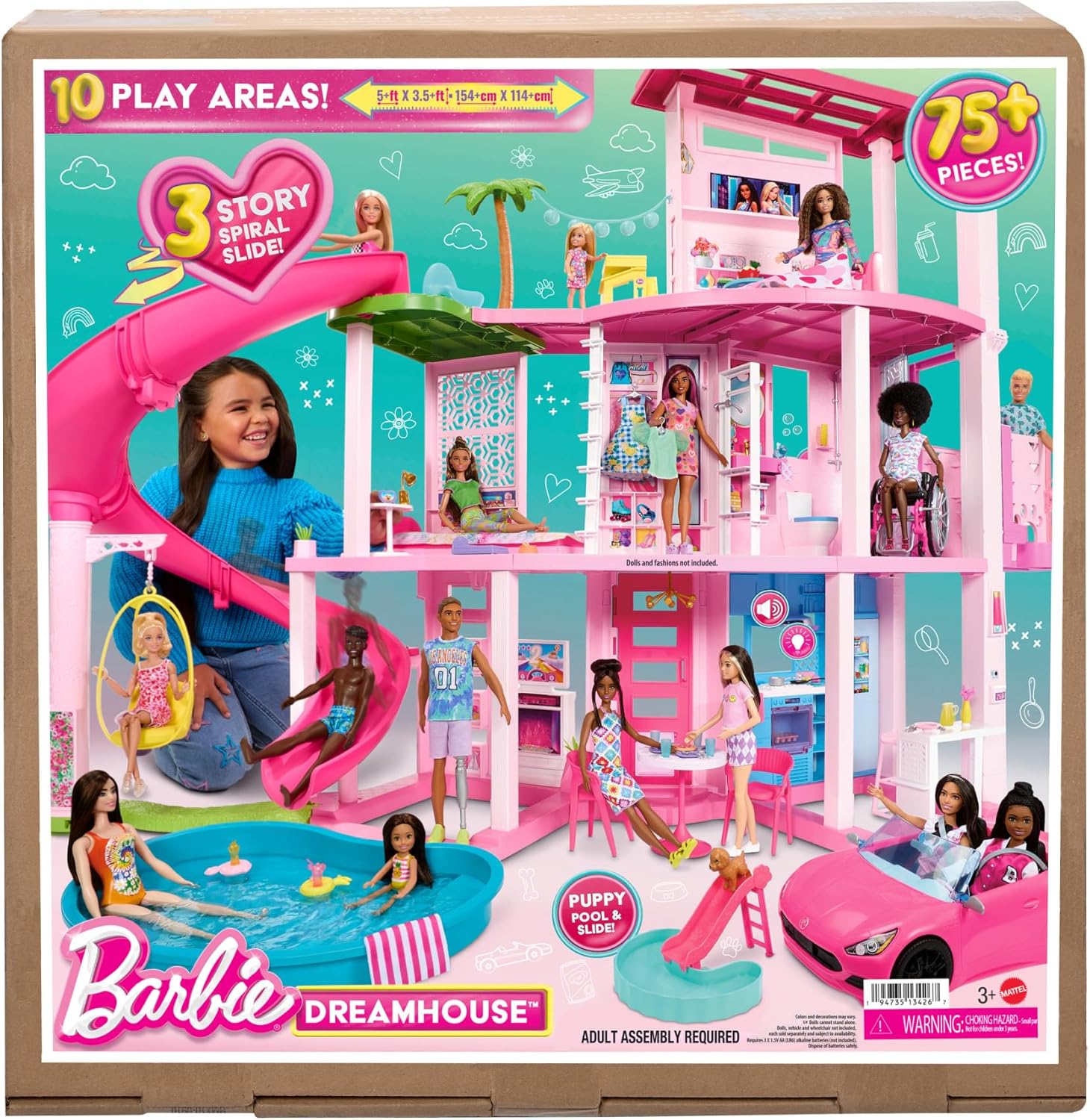 Barbie Dreamhouse, 3-Storey Barbie House with 10 Play Areas Including Pool, Slide, Elevator, 75 Doll Accessories, Toy Puppy, Adult Assembly Required, Toys for Ages 3 and Up, One Toy House, HMX10-5