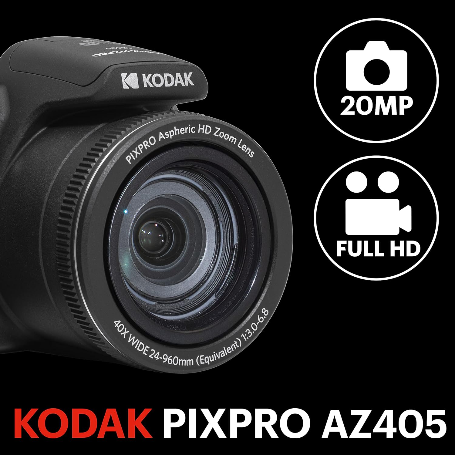 KODAK Pixpro Astro Zoom AZ405 - Digital Bridge Camera, 40x Zoom, 24 mm Wide-angle Lens, 20 Megapixels, 3" LCD Display, 1080p Full HD Video, OIS, AA Battery - Black-1