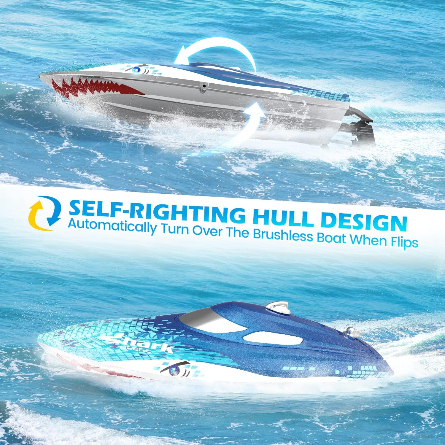 DEERC High Speed RC Boats W/LED Lights, Self Righting Remote Control Boat for Pools and Lakes, 20+ MPH, 2.4GHz Racing Boats, Remote Control Shark, Pool Toys for Kids & Adults-3