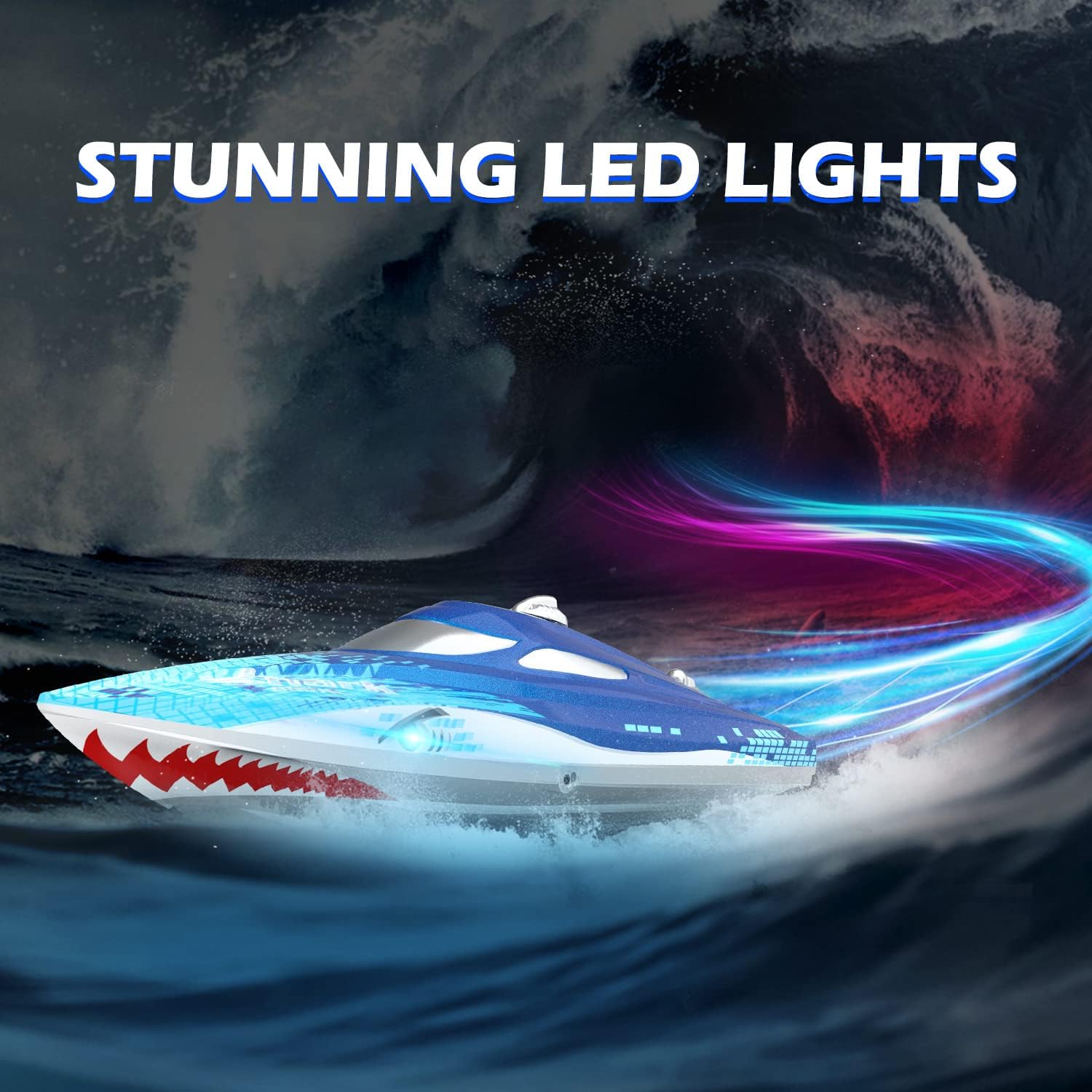 DEERC High Speed RC Boats W/LED Lights, Self Righting Remote Control Boat for Pools and Lakes, 20+ MPH, 2.4GHz Racing Boats, Remote Control Shark, Pool Toys for Kids & Adults-4