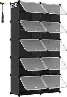 SONGMICS Interlocking Shoe Rack, Plastic Shoe Storage Cabinet, 10-Slot Modular Storage Organiser Unit, 30 x 40 x 30 cm for Each Slot, with Doors, Steel Frame, Plastic Panels, Black LPC035B01