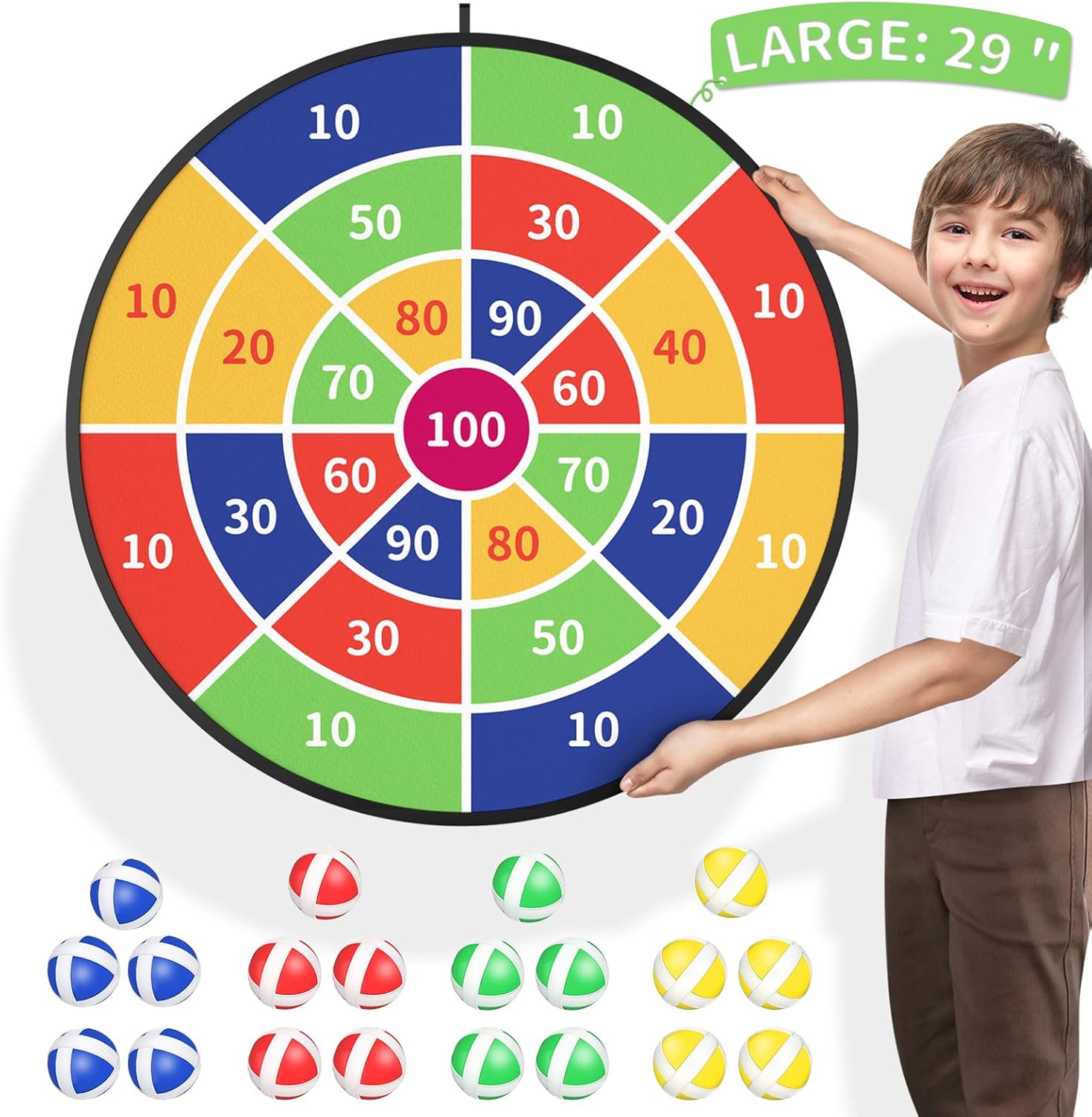 TEMI 29" Large Dart Board for Kids, Boys Toys Dartboards with 20 Velcro Sticky Balls, Indoor & Outdoor Sport Fun Party Play Game Toys, Birthday Gifts for Boys Girls 3 4 5 6 7 8 9 10 11 12 Years Old-8