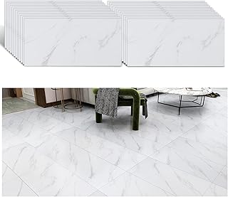 VEELIKE White Marble Floor Tile 60cm x 30cm 24 Pieces Self Adhesive Vinyl Flooring Stick on Floor Tiles Floor Stickers for Bathroom Kitchen Vinyl Tiles Waterproof Peel and Stick Tiles Living Room