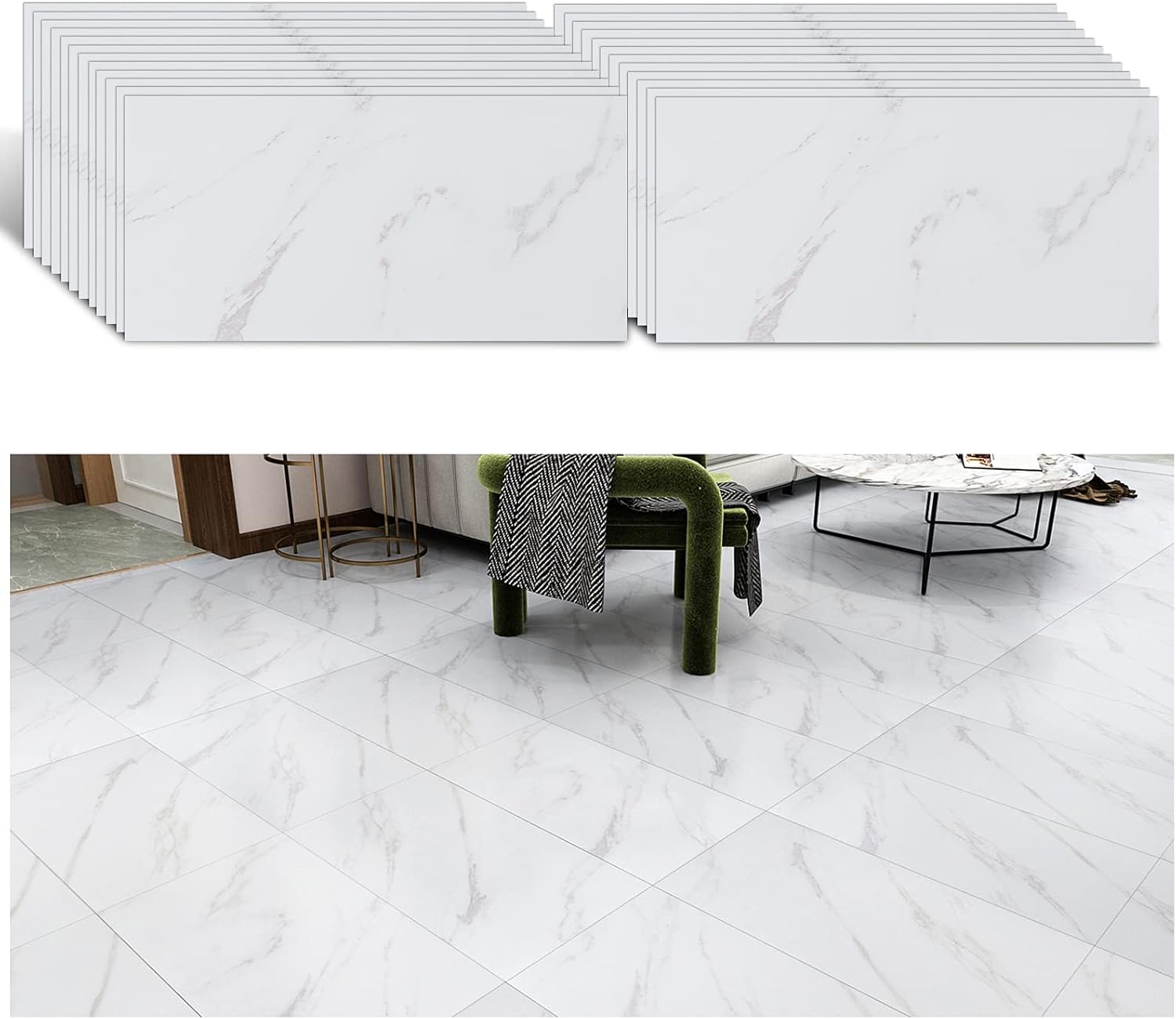 VEELIKE White Marble Floor Tile 60cm x 30cm 24 Pieces Self Adhesive Vinyl Flooring Stick on Floor Tiles Floor Stickers for Bathroom Kitchen Vinyl Tiles Waterproof Peel and Stick Tiles Living Room-0