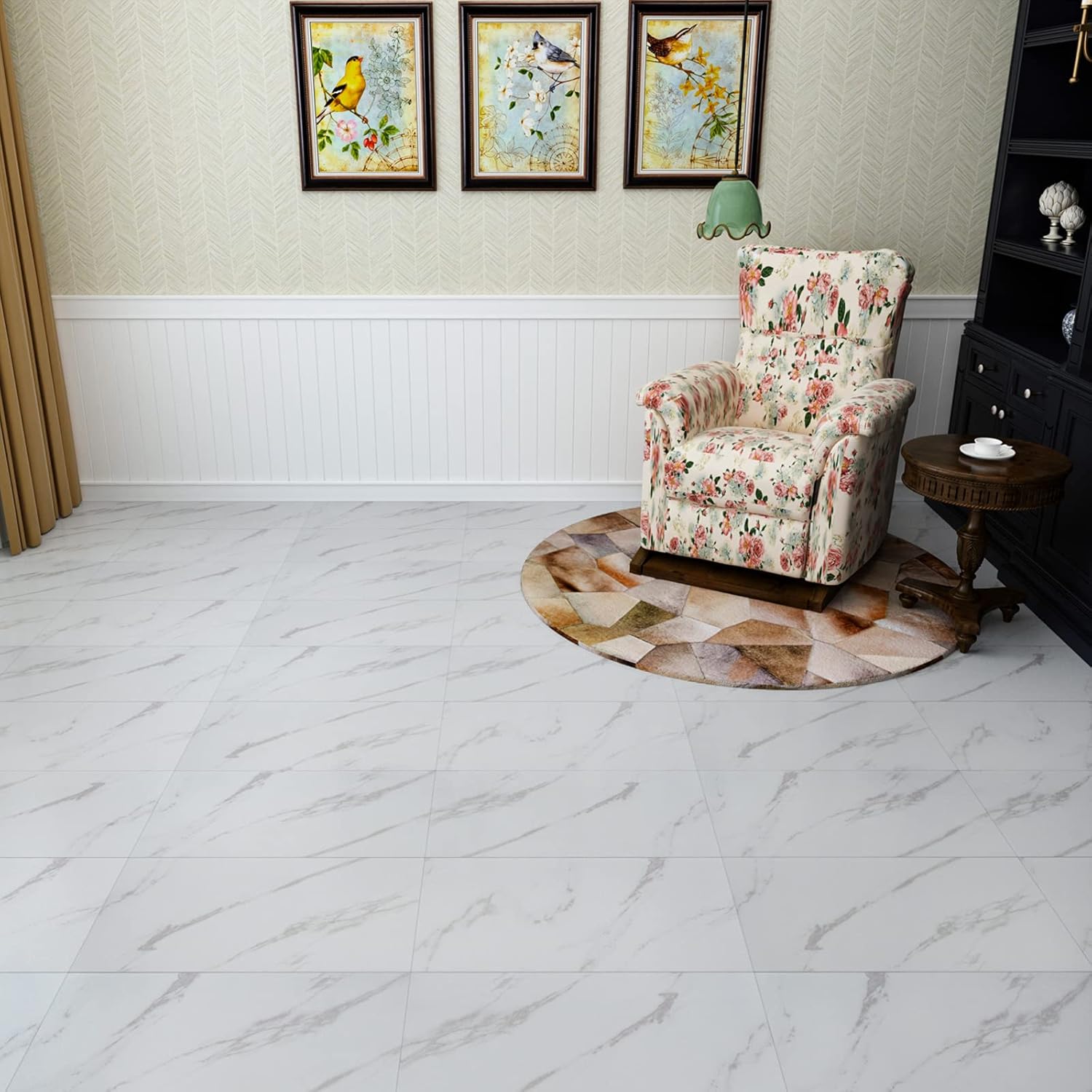 VEELIKE White Marble Floor Tile 60cm x 30cm 24 Pieces Self Adhesive Vinyl Flooring Stick on Floor Tiles Floor Stickers for Bathroom Kitchen Vinyl Tiles Waterproof Peel and Stick Tiles Living Room-1