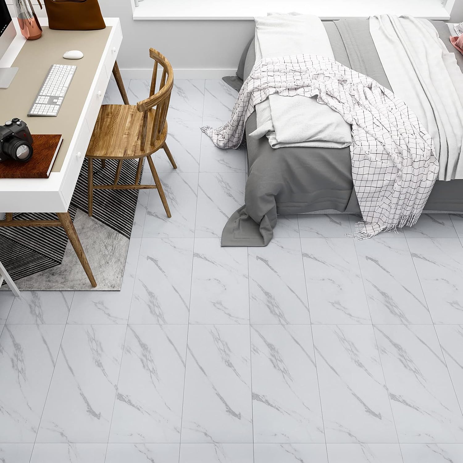 VEELIKE White Marble Floor Tile 60cm x 30cm 24 Pieces Self Adhesive Vinyl Flooring Stick on Floor Tiles Floor Stickers for Bathroom Kitchen Vinyl Tiles Waterproof Peel and Stick Tiles Living Room-2