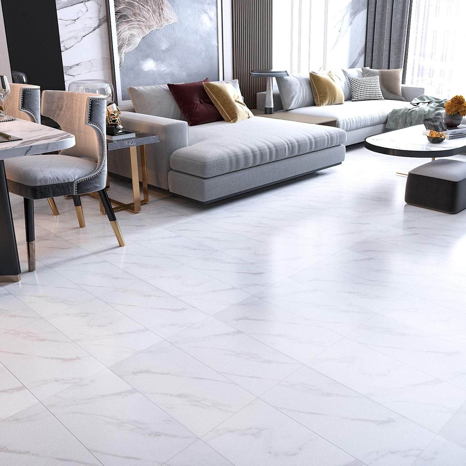 VEELIKE White Marble Floor Tile 60cm x 30cm 24 Pieces Self Adhesive Vinyl Flooring Stick on Floor Tiles Floor Stickers for Bathroom Kitchen Vinyl Tiles Waterproof Peel and Stick Tiles Living Room-4