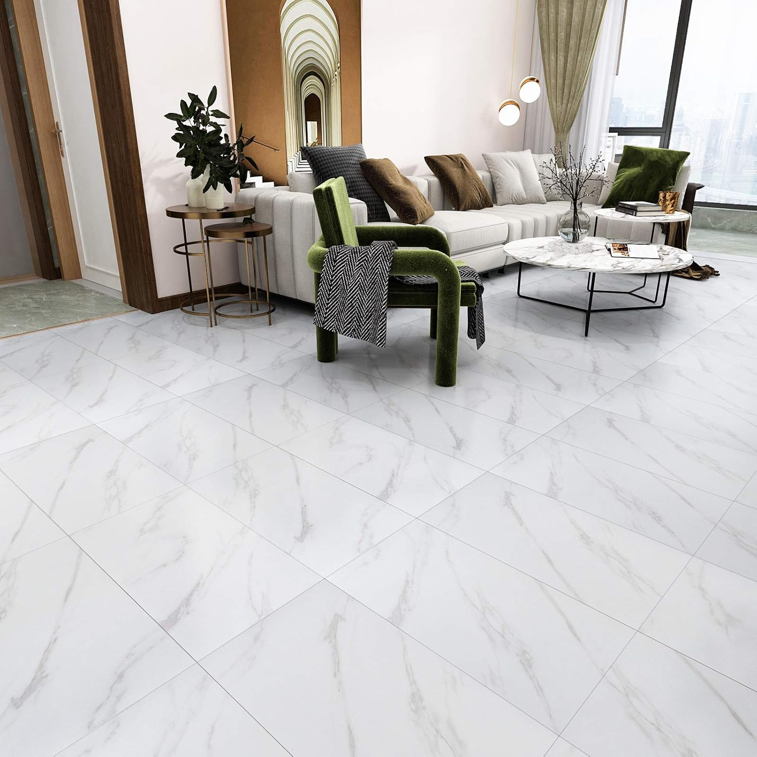 VEELIKE White Marble Floor Tile 60cm x 30cm 24 Pieces Self Adhesive Vinyl Flooring Stick on Floor Tiles Floor Stickers for Bathroom Kitchen Vinyl Tiles Waterproof Peel and Stick Tiles Living Room-8