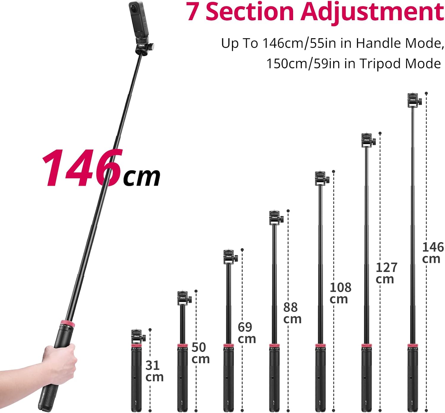 59Inch/146cm Selfie Stick Tripod for Gopro ULANZI MT-71 Long Extendable Vlog Handle Portable Lightweight Tripod Stand Compatible with Gopro Hero 12/11/10/9/8/7 Insta360 One XR/RS/GO DJI Action-1