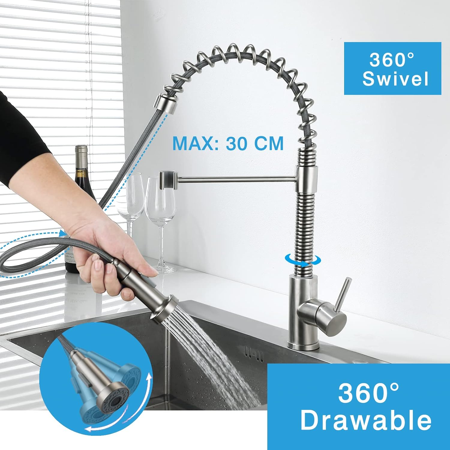 Kitchen Taps with Pull Out Spray, Kitchen Sink Mixer Tap with Pull Down Dual Modes Sprayer, MCADYS Brushed Steel Kitchen Tap, High Arc Single Lever Kitchen Sink Tap-1