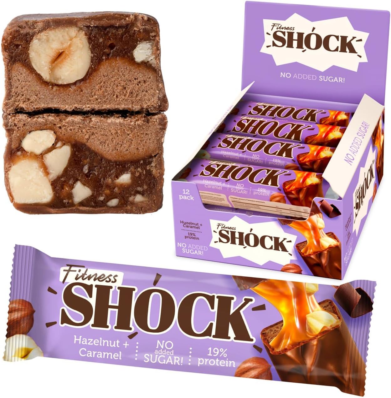 FitnesSHOCK Protein Bar 12pcs no added sugar, 19% protein, low carb (5,5g), rich in fibre, low calorie, 12-pack fitness chocolate bars box, palm oil free, no flour, 12x50g Hazelnut Caramel Flavor-0