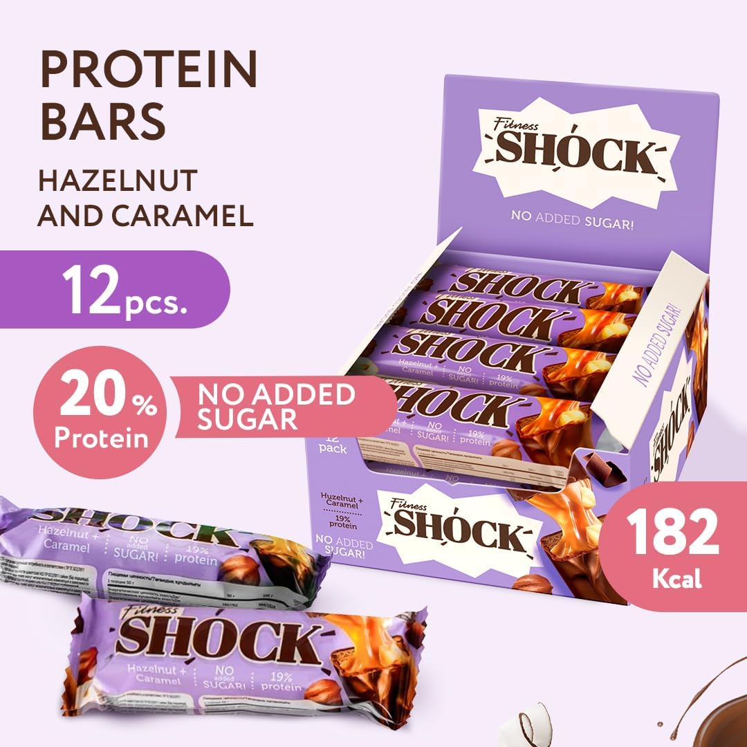 FitnesSHOCK Protein Bar 12pcs no added sugar, 19% protein, low carb (5,5g), rich in fibre, low calorie, 12-pack fitness chocolate bars box, palm oil free, no flour, 12x50g Hazelnut Caramel Flavor-1