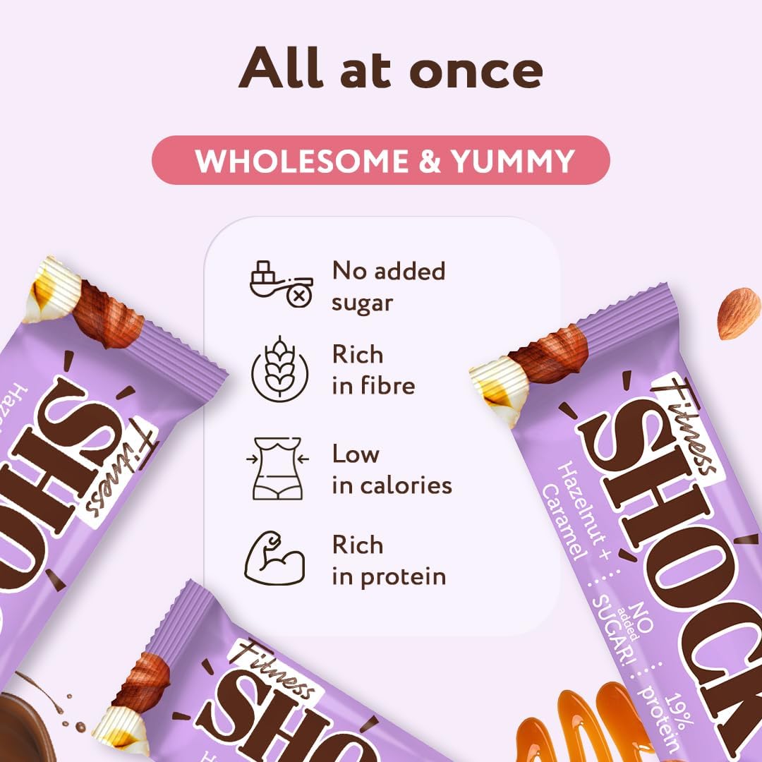 FitnesSHOCK Protein Bar 12pcs no added sugar, 19% protein, low carb (5,5g), rich in fibre, low calorie, 12-pack fitness chocolate bars box, palm oil free, no flour, 12x50g Hazelnut Caramel Flavor-3