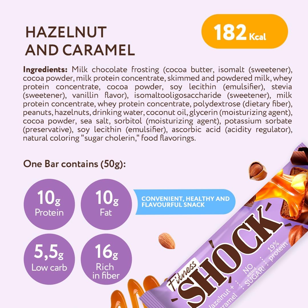 FitnesSHOCK Protein Bar 12pcs no added sugar, 19% protein, low carb (5,5g), rich in fibre, low calorie, 12-pack fitness chocolate bars box, palm oil free, no flour, 12x50g Hazelnut Caramel Flavor-5