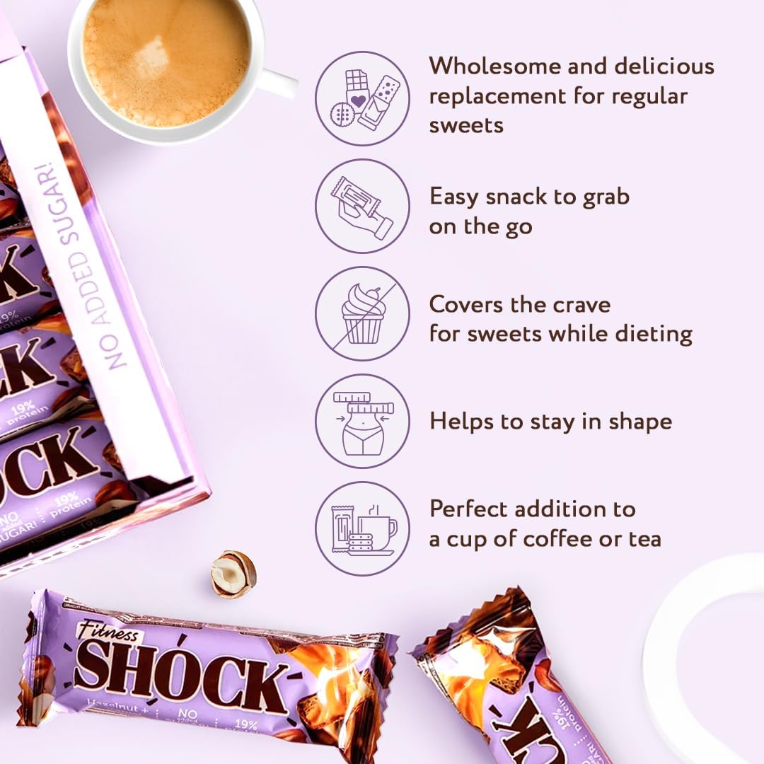 FitnesSHOCK Protein Bar 12pcs no added sugar, 19% protein, low carb (5,5g), rich in fibre, low calorie, 12-pack fitness chocolate bars box, palm oil free, no flour, 12x50g Hazelnut Caramel Flavor-6