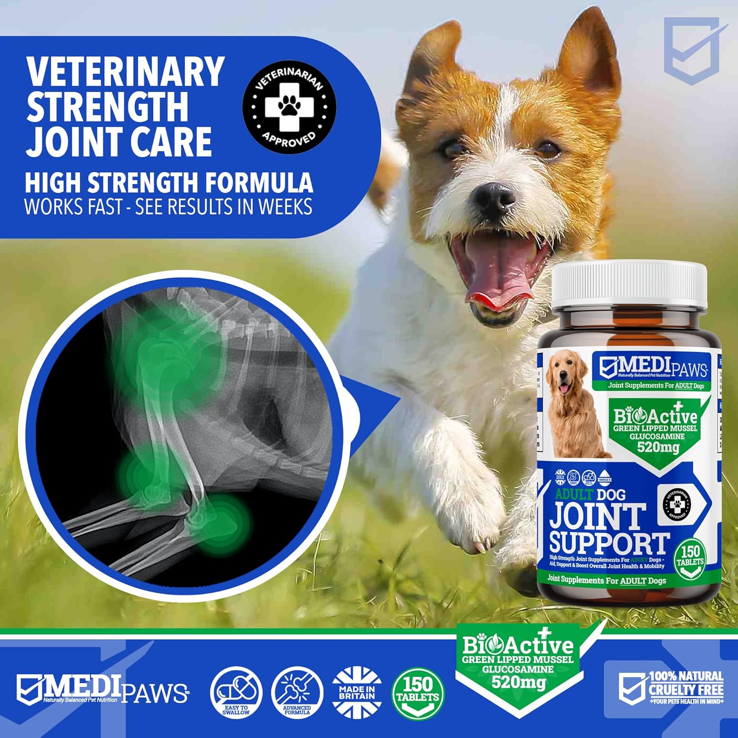 MediPaws Hip and Joint Tablets For Adult Dogs With Peanut Butter | 150x Joint Supplement For Dogs | High Strength Joint Supplement for Senior Dogs, with Glucosamine, Chondroitin, Green Lipped Mussel-2