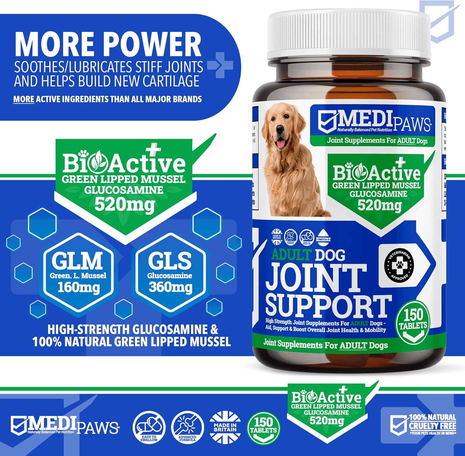 MediPaws Hip and Joint Tablets For Adult Dogs With Peanut Butter | 150x Joint Supplement For Dogs | High Strength Joint Supplement for Senior Dogs, with Glucosamine, Chondroitin, Green Lipped Mussel-1