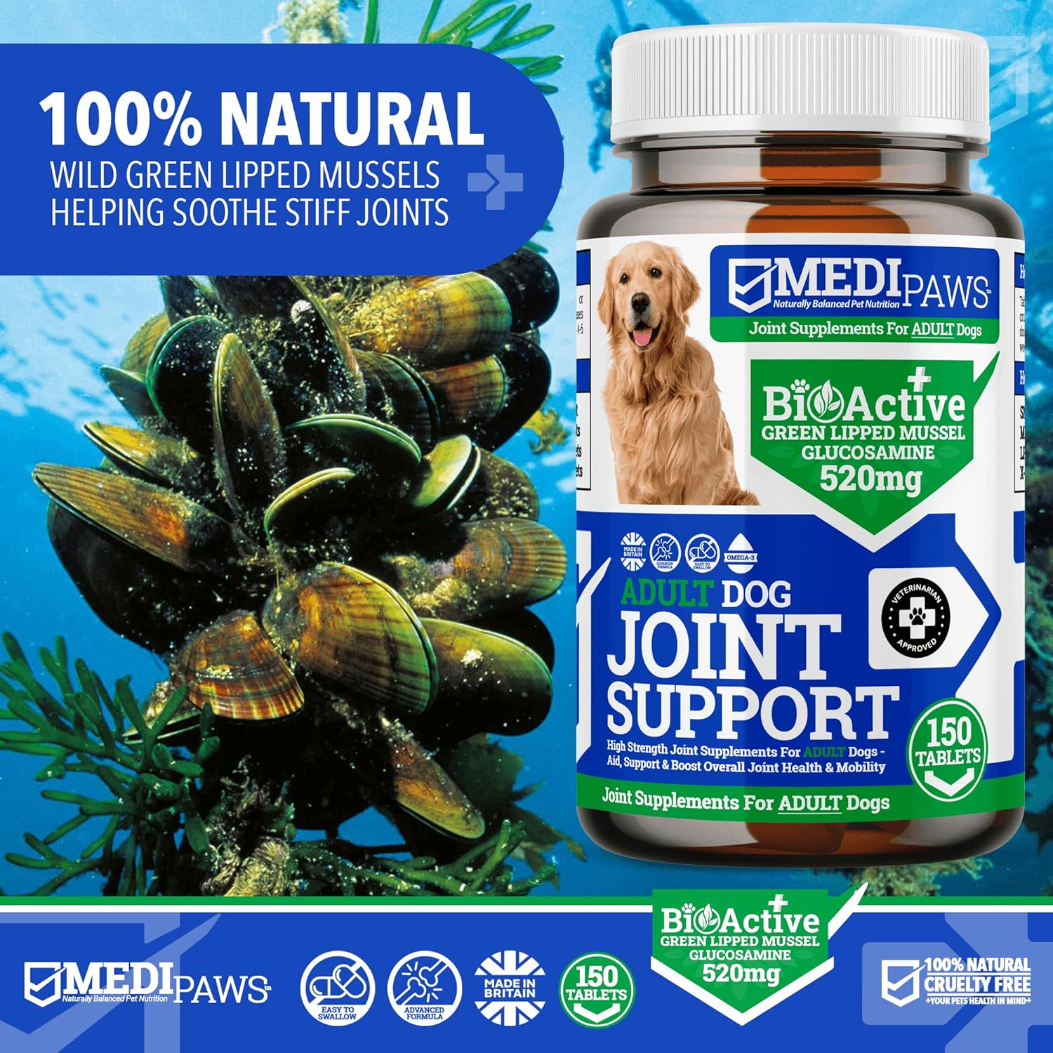 MediPaws Hip and Joint Tablets For Adult Dogs With Peanut Butter | 150x Joint Supplement For Dogs | High Strength Joint Supplement for Senior Dogs, with Glucosamine, Chondroitin, Green Lipped Mussel-4