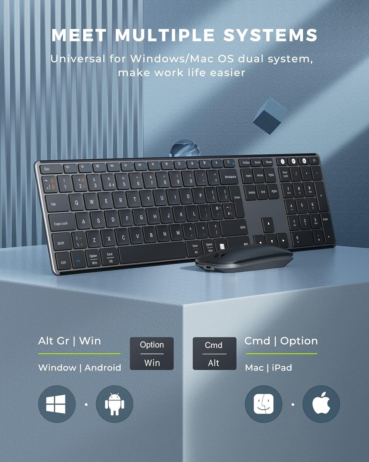 seenda Rechargeable Wireless Bluetooth Keyboard and Mouse Set, Multi - Device Ultra Slim Wireless Mouse and Keyboard, Compatible for Windows, Mac OS, iPad, Tablet, QWERTY UK Layout, Black and Grey-2