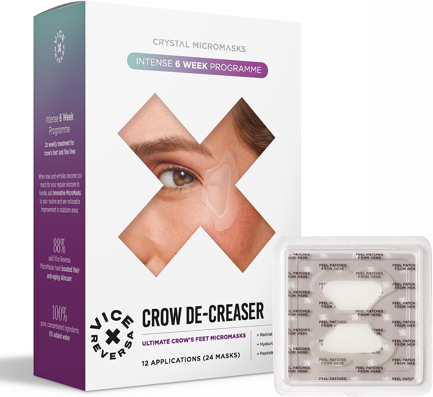 Vice Reversa Crow De-Creaser - Anti Wrinkle Patches with Hyaluronic Acid, Collagen Boosting Peptides and Retinal, MicroCrystal Skincare (12 Pairs)-0