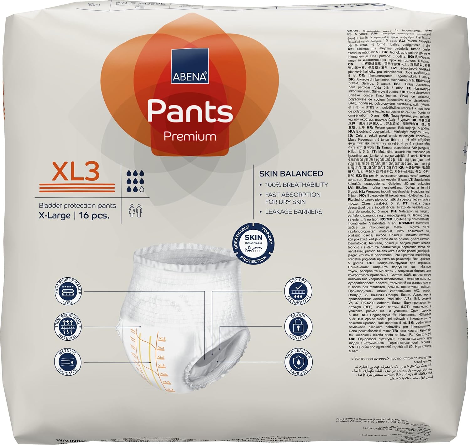 Abena Pants Premium Pull-Up Incontinence Pants, Eco-Labelled Incontinence Pants for Men & Women, Discreet, Protective, Breathable, Comfortable - XL 3, 130-170cm Waist, 2600ml Absorbency, 16PK-2