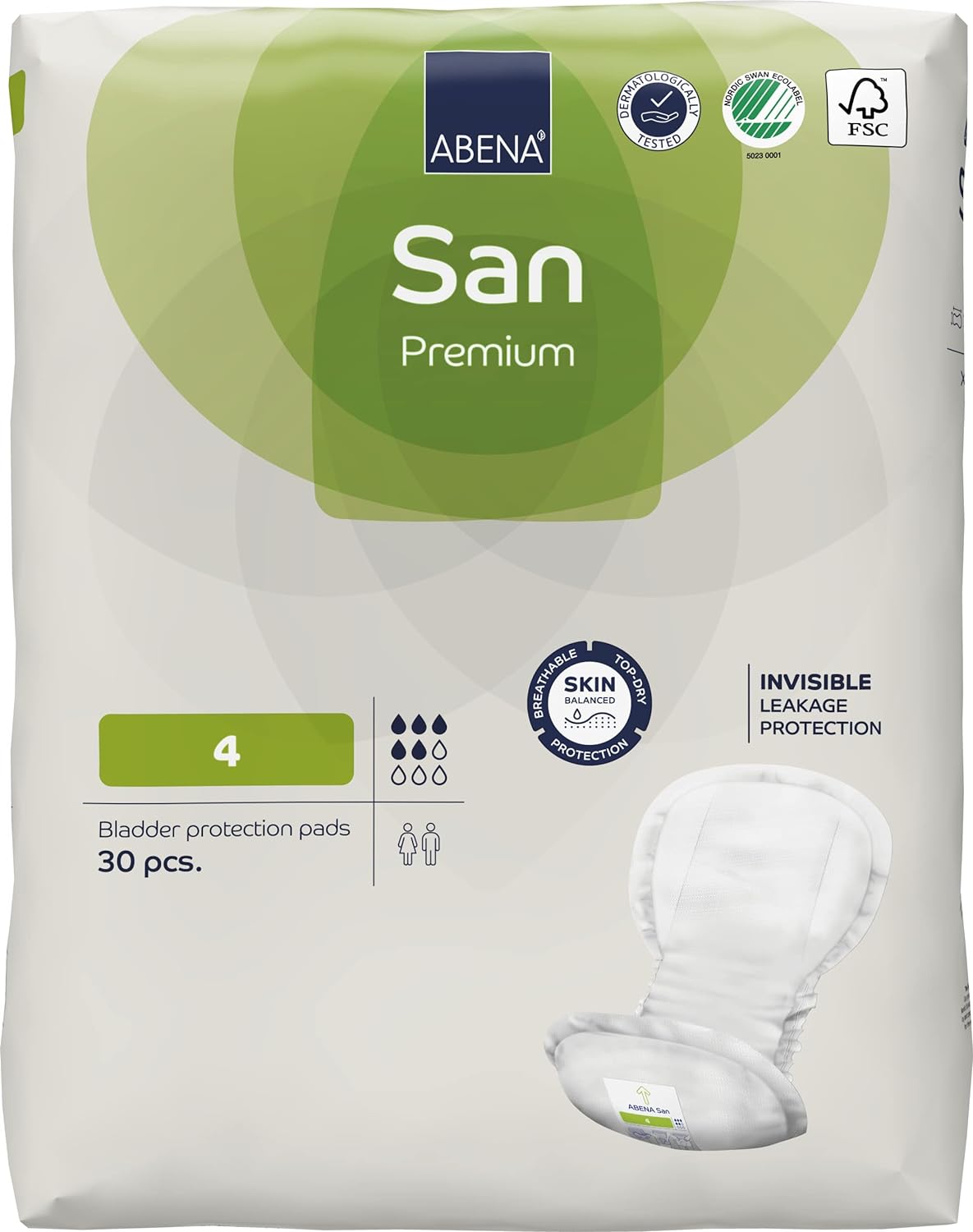 Abena San 4 Incontinence Pads Women and Men | 800ml Absorbency | 30 Pack | Fast Absorbing Incontinence Products, Discreet & Effective Shaped Incontinence Pads for Men/Women.-0