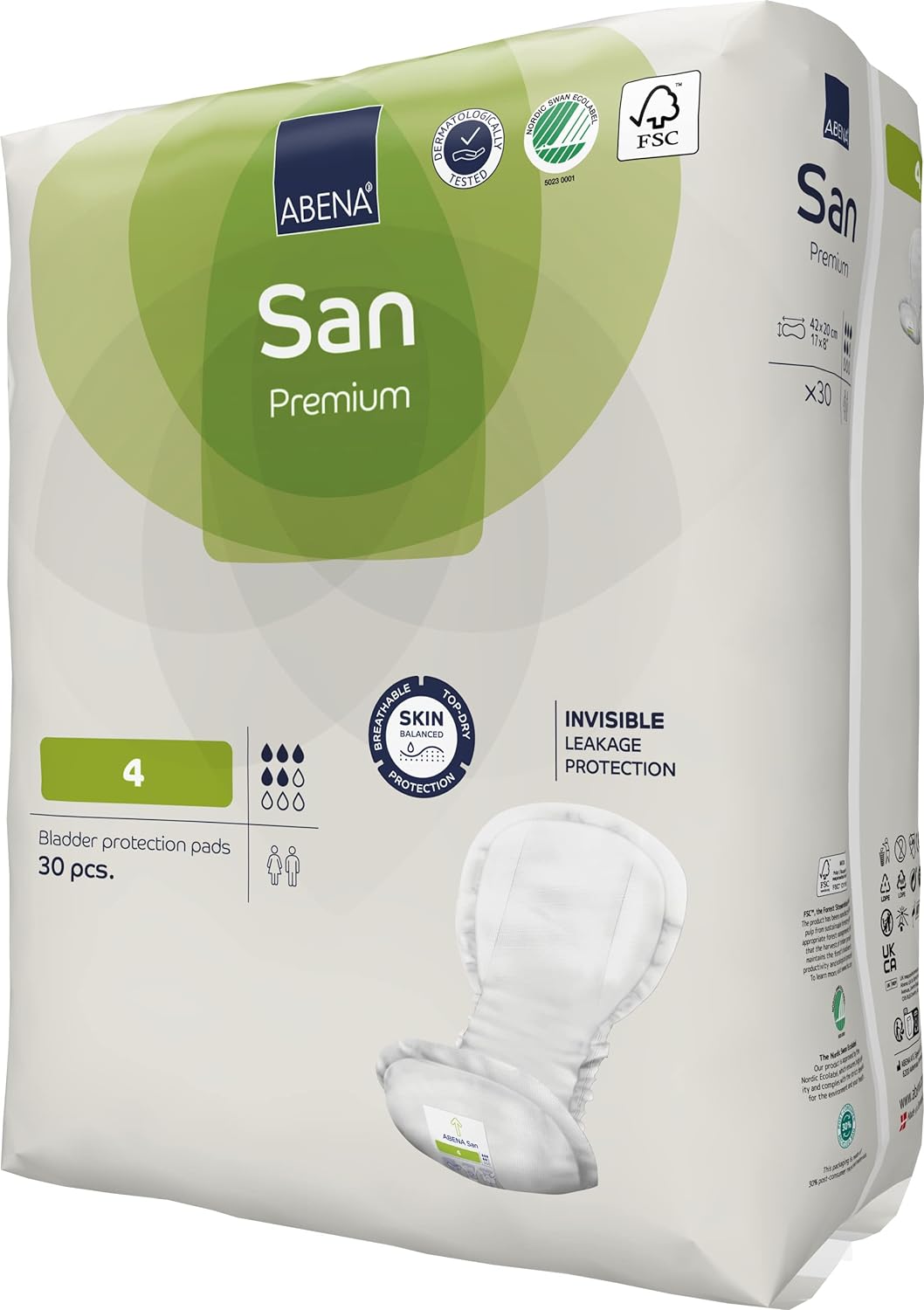 Abena San 4 Incontinence Pads Women and Men | 800ml Absorbency | 30 Pack | Fast Absorbing Incontinence Products, Discreet & Effective Shaped Incontinence Pads for Men/Women.-1