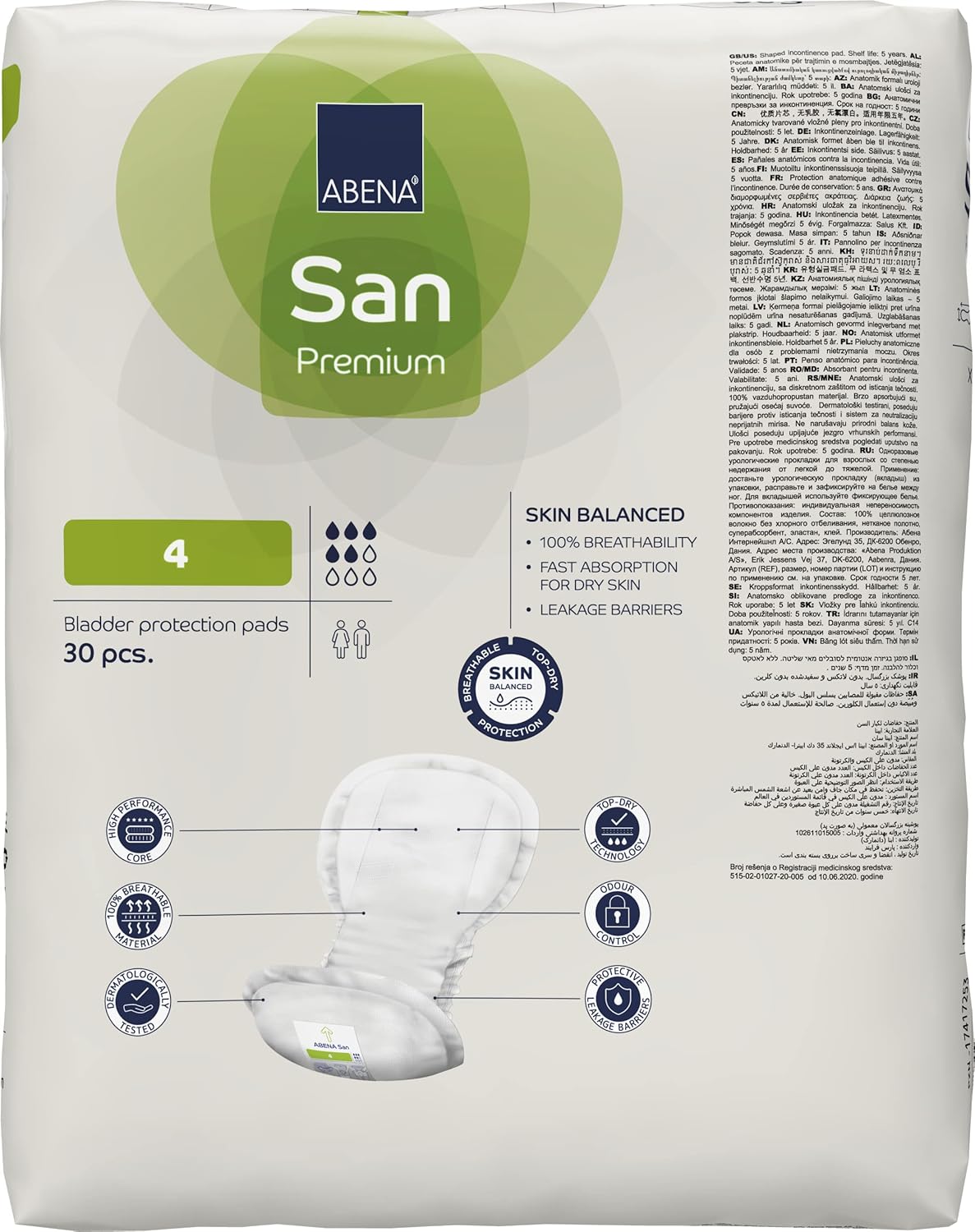 Abena San 4 Incontinence Pads Women and Men | 800ml Absorbency | 30 Pack | Fast Absorbing Incontinence Products, Discreet & Effective Shaped Incontinence Pads for Men/Women.-2