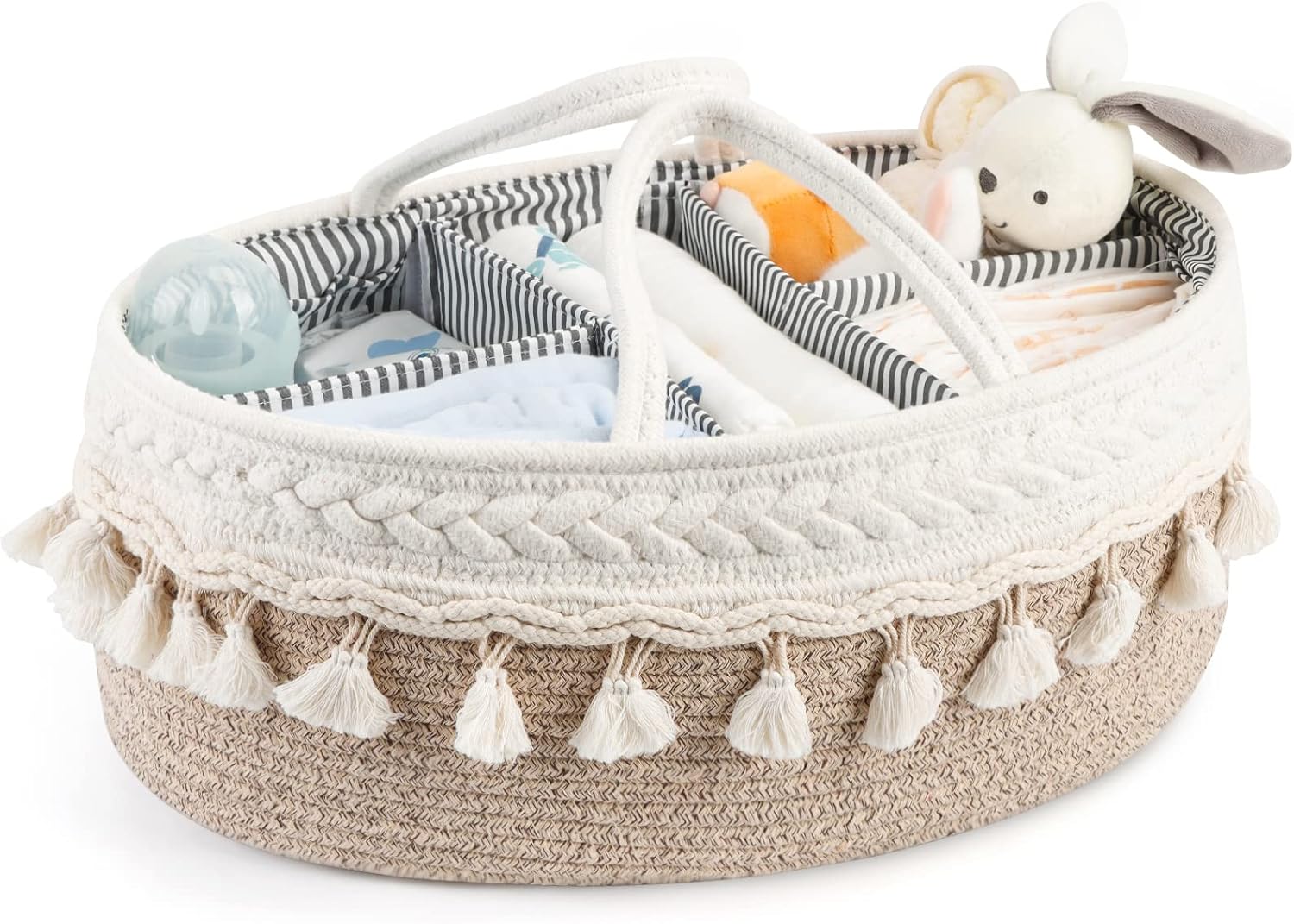 Maliton Nappy Caddy, Bohemian Large Cotton Rope Diaper Caddy, Sturdy Portable Nursery Baby with Detachable Compartments, Essentials for Newborn, Storage Basket as Shower Gifts, XL-0