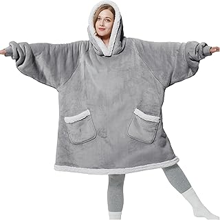 Bedsure Wearable Blanket Hoodie Women - Sherpa Fleece Hoodie Blanket for Adults Men, Warm Hooded Blanket as Gifts for Her, Grey, 95 x 83 cm