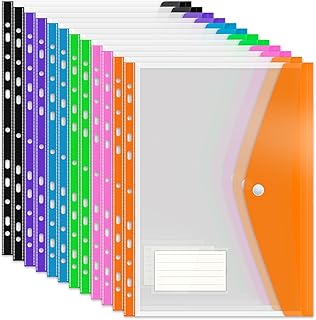 Punched Pockets Plastic Wallets, 12Pcs A4 File Folders for Document Paperwork Clear Assorted Coloured Envelope with Label Pocket Snap Button Ring Binder Home School Office Supplies