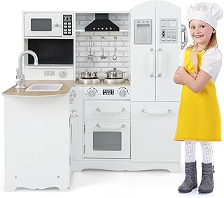 GYMAX Kids Corner Kitchen, Wooden Toy Kitchen with Sink, Stove, Microwave, Oven, Range Hood, Refrigerator, Water Dispenser and Cookware Accessories, Children Role Play Kitchen for Girls Boys (11 in 1)