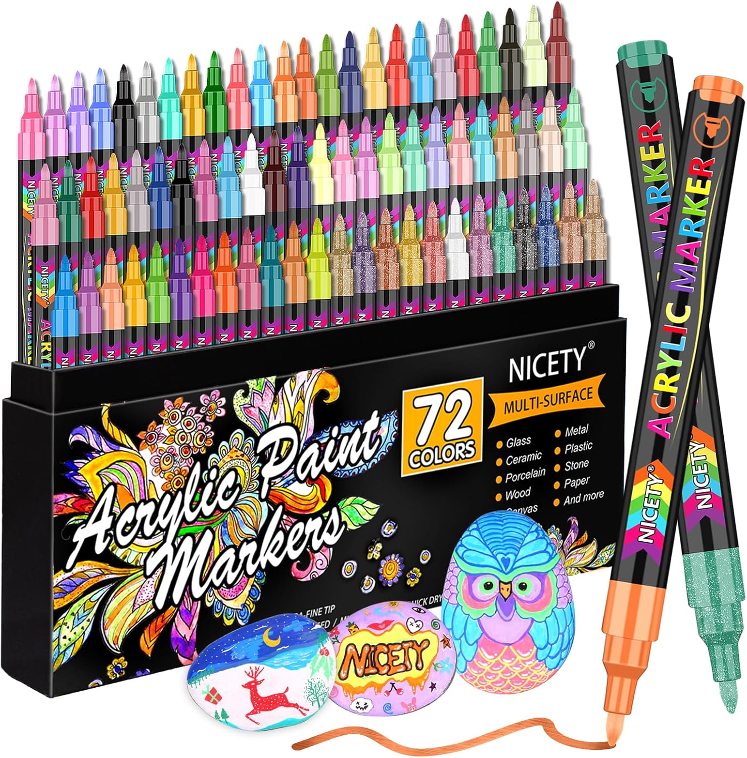 NICETY Acrylic Paint Pens Set - 72 Colours Paint Markers for Rock Painting Stone Glass Ceramic Wood Metal Fabric - 0.7mm Extra Fine Tip Water Based Acrylic Markers for Adults-0