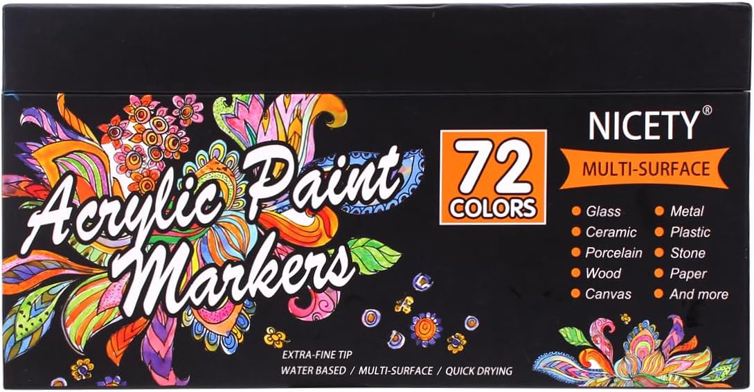 NICETY Acrylic Paint Pens Set - 72 Colours Paint Markers for Rock Painting Stone Glass Ceramic Wood Metal Fabric - 0.7mm Extra Fine Tip Water Based Acrylic Markers for Adults-8