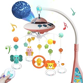 Eners Baby Crib Mobile with Music and Lights, Mobile for Crib with Remote Control, Rotation, Moon and Star Projection, Baby Crib Toys for Boys Girls (Pink)