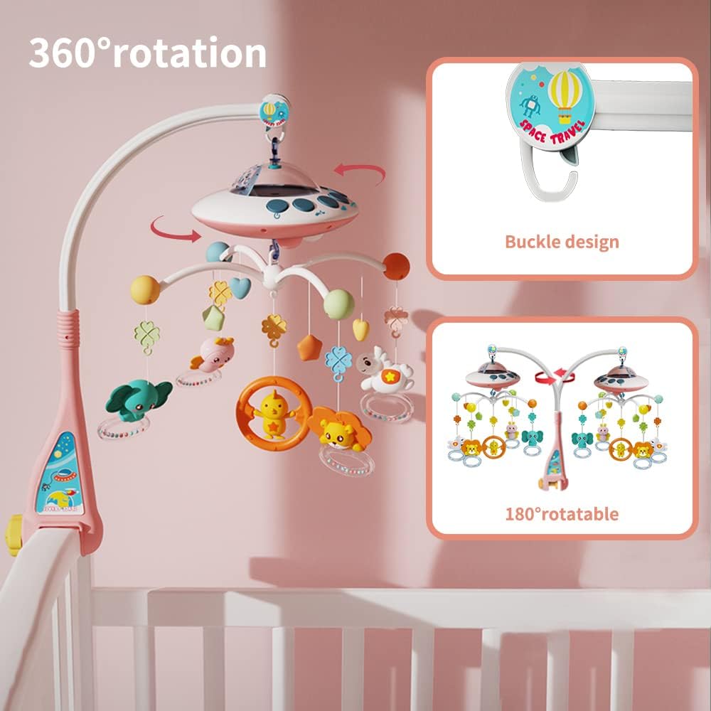 Eners Baby Crib Mobile with Music and Lights, Mobile for Crib with Remote Control, Rotation, Moon and Star Projection, Baby Crib Toys for Boys Girls (Pink)-1