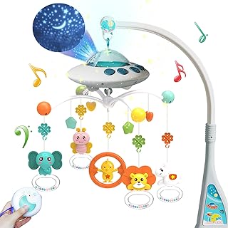 Eners Baby Crib Mobile with Music and Lights, Mobile for Crib with Remote Control, Rotation, Moon and Star Projection, Baby Crib Toys for Boys Girls (Biue)