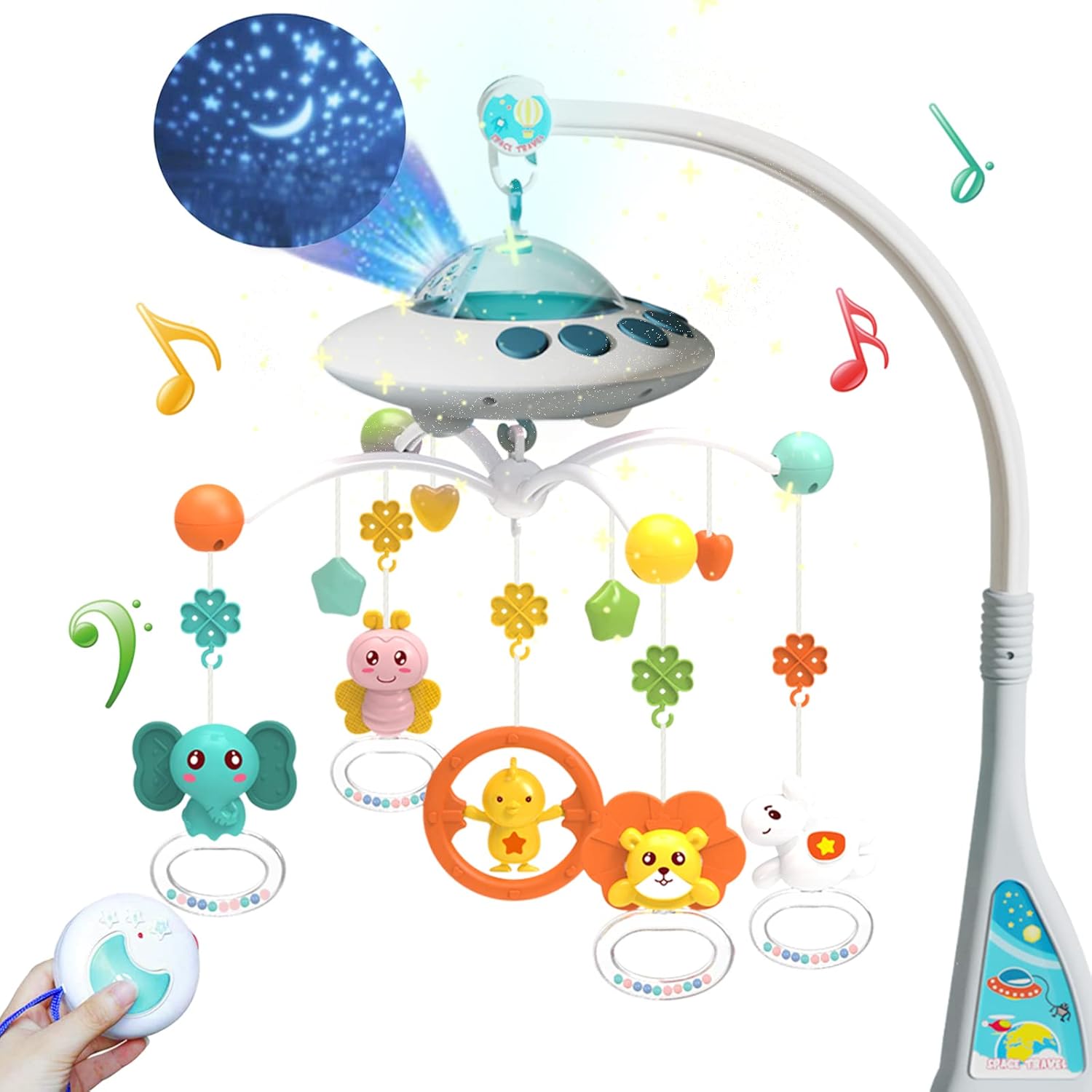 Eners Baby Crib Mobile with Music and Lights, Mobile for Crib with Remote Control, Rotation, Moon and Star Projection, Baby Crib Toys for Boys Girls (Biue)-0