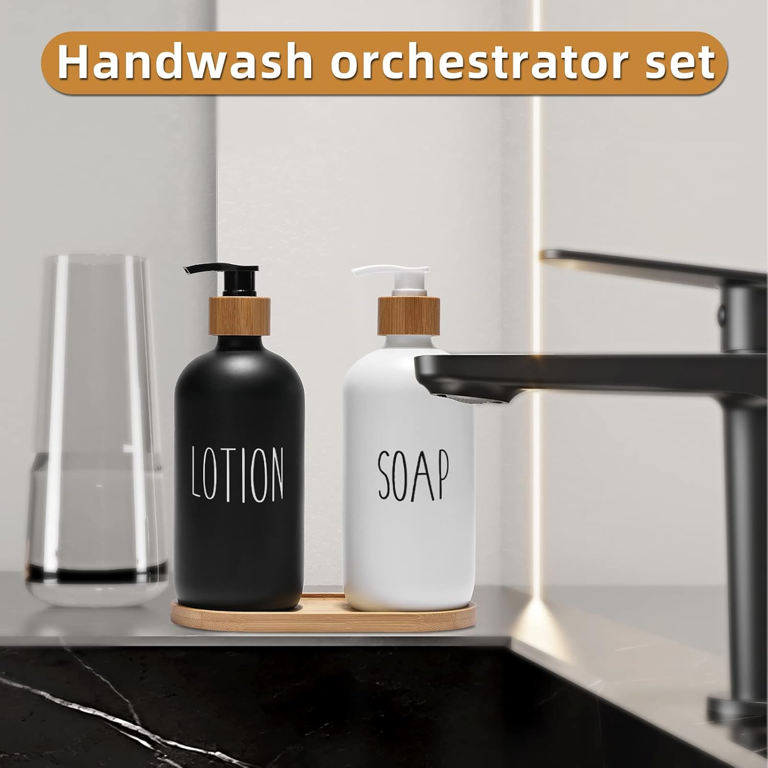 FEILANDUO Glass Soap Dispenser Set, Dish Soap Dispenser for Kitchen Sink, Hand Soap Dispenser for Bathroom with Bamboo Pump and Soap Tray, Farmhouse Home Decor (B-Black + White)-2