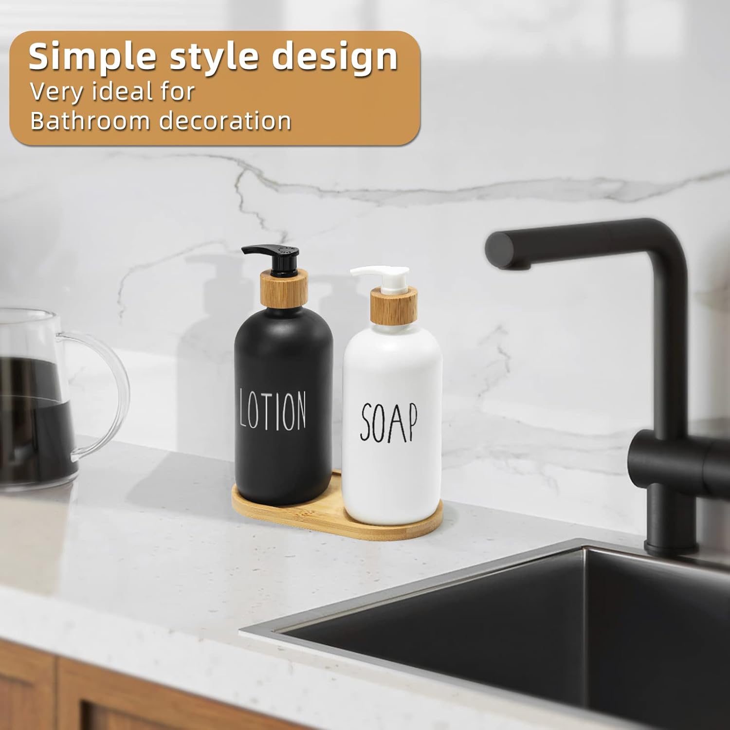 FEILANDUO Glass Soap Dispenser Set, Dish Soap Dispenser for Kitchen Sink, Hand Soap Dispenser for Bathroom with Bamboo Pump and Soap Tray, Farmhouse Home Decor (B-Black + White)-3